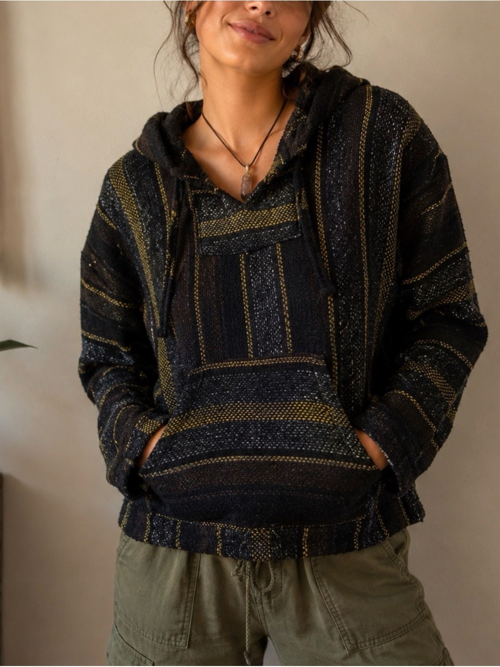 Molina Baja Hoodie Pullover Black Striped Mexican Blanket Hoodie Size Small